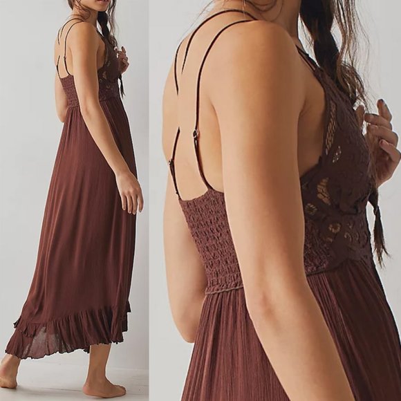 NEW Free People FP One Adella Long Maxi Slip Dress Crochet Lace Chocolate $128 L - Picture 6 of 10